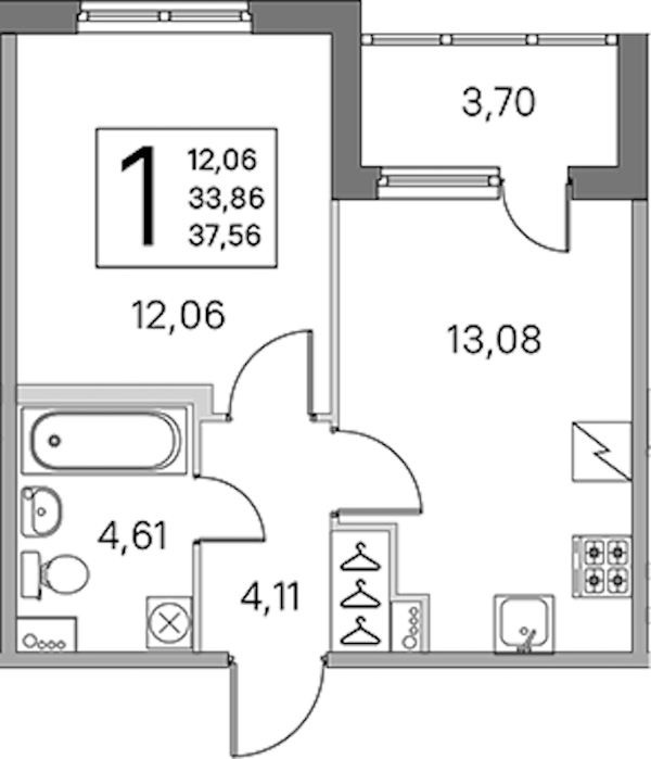 1-комнатная квартира 33.86 м², 2/5 эт., ЖК «ЮгТаун. Олимпийские кварталы»